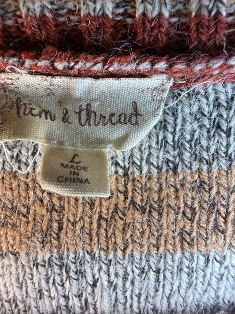 Hem & Thread Large Mustard Rust White Striped Peplum Sweater Top Boho Fall Cozy - Picture 2 of 8